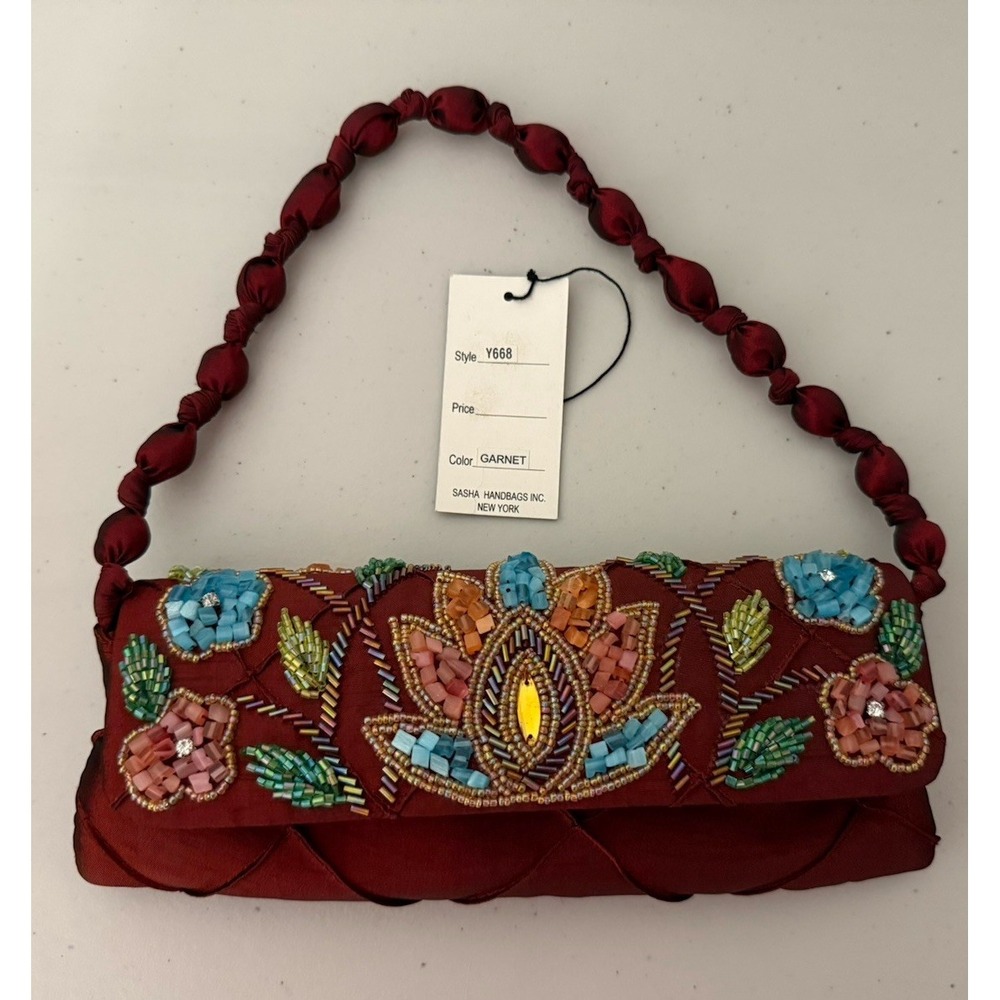 Beautiful Sasha New York Satin Clutch  Floral Embroidered W/woven Satin Handle - Picture 4 of 8